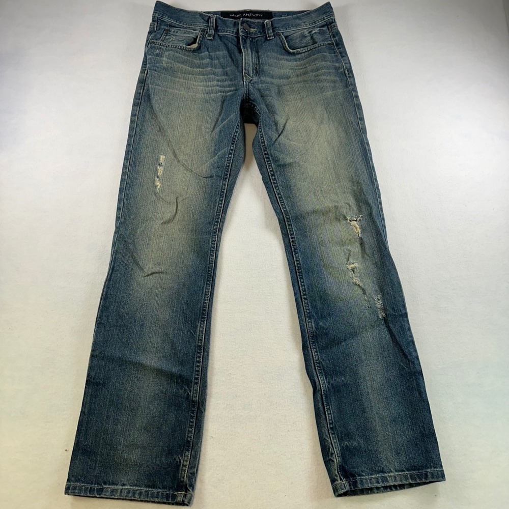 Marc Anthony Mens Slim Fit Distressed Blue Denim Jeans 32x32 Medium Wash Cotton